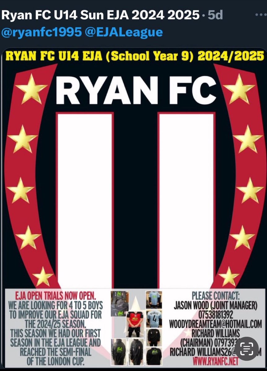 E4Woody's tweet image. Ryan FC looking to add a defender &amp;amp; forward to their U14 (Year 9) EJA squad 2024 / 2025. Based in Chingford / Walthamstow. Affiliated to Walthamstow FC step 6. Training Thurs night by UEFA B coach. Please contact Jason 07538-181392 @ryanfc1995 @EJALeague @EjaFootball #EJA
