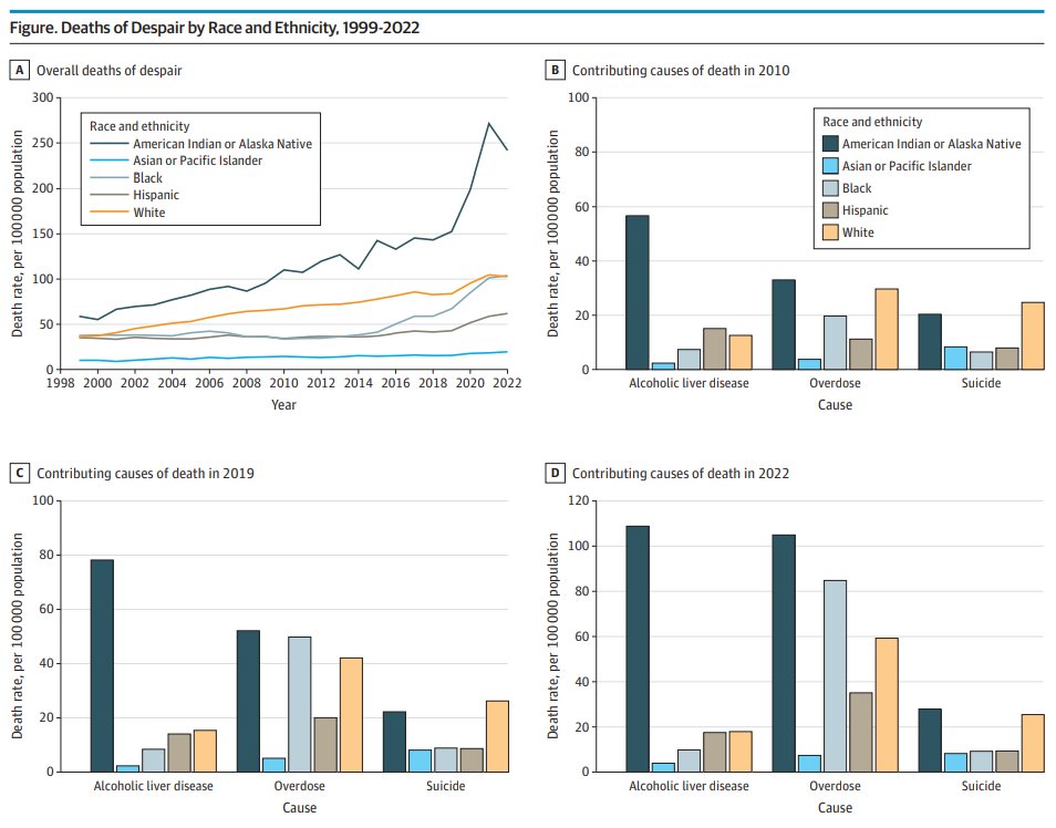 Midlife mortality from deaths of despair (suicide, drug overdose, alcoholic liver disease) has risen sharply since the concept was defined, with particularly large increases for American Indian or Alaska Native and Black individuals from 1999 to 2022. ja.ma/4bNPdkv