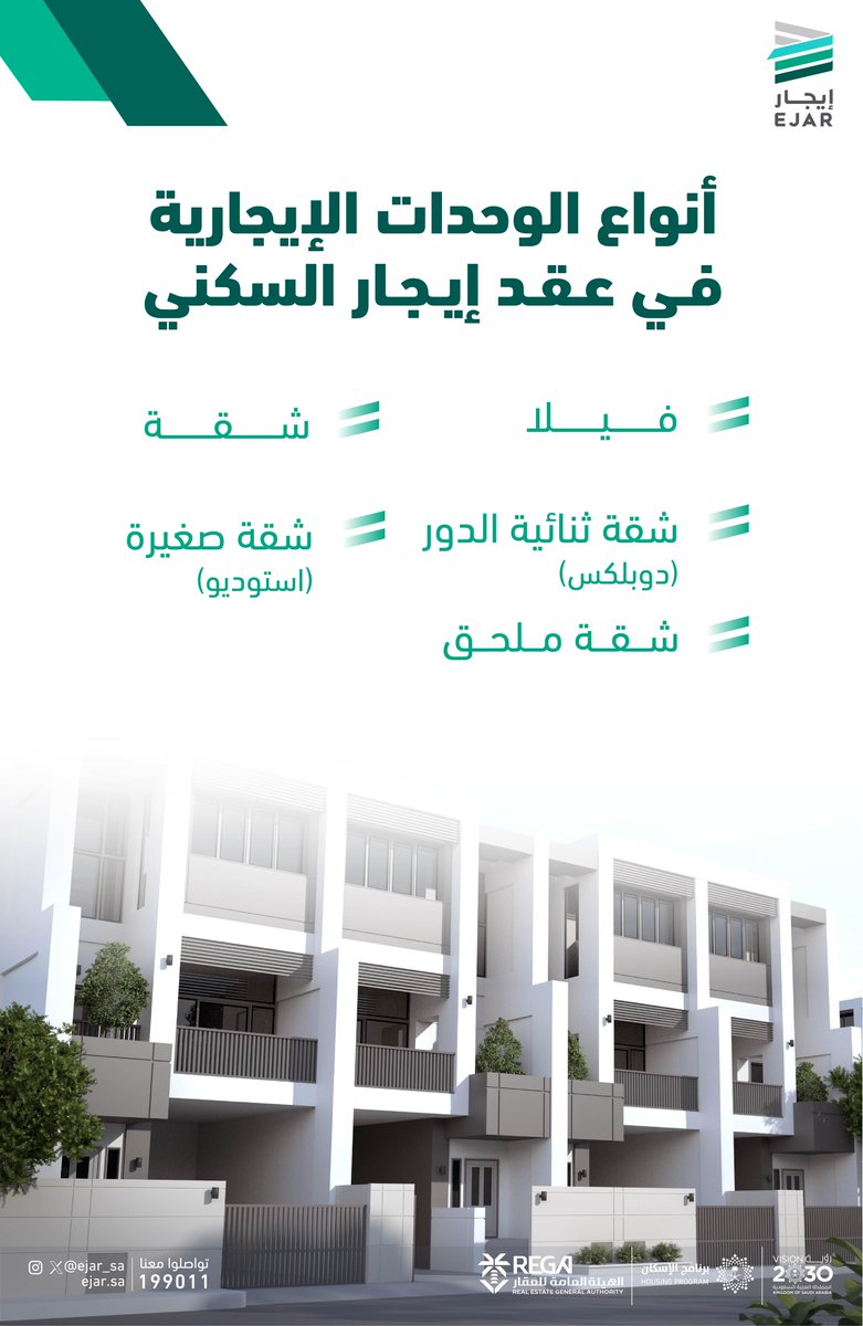 تعرف على أنواع الوحدات الإيجارية في عقد #إيجار السكني...

ejar.sa/ar/page/19420
