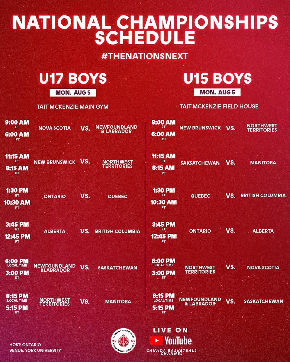 CanBball's tweet photo. Day 1 of our National Championship tips off today – here’s today’s schedule

All games will be streamed LIVE on YouTube on our Canada Basketball Channel: https://t.co/ULAcFGNAiu

#TheNationsNext https://t.co/9pz1TeW22n