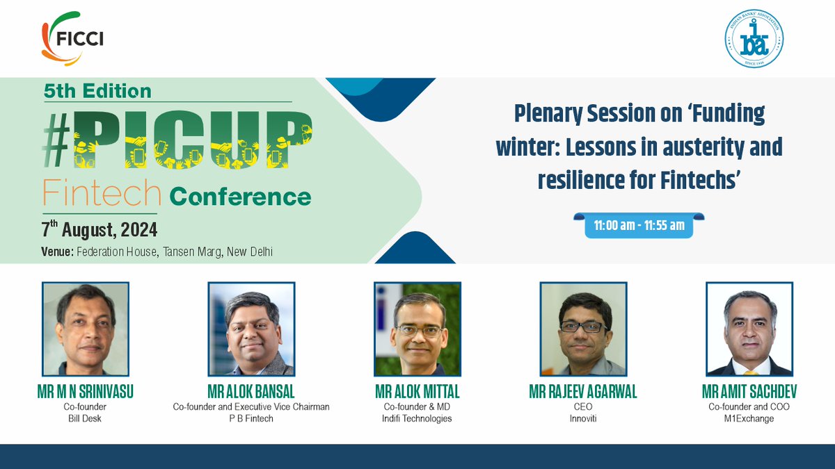ficci_india's tweet photo. What are the key lessons from the funding winter, and how can these learnings be leveraged by India and shared with the global financial sector? Industry experts will discuss this and more at the 5th edition of FICCI- IBA #PICUPFintech conference on 7th August 2024 in New Delhi.
@billdesk @_groww @indifitech @innoviti1 @M1xchange