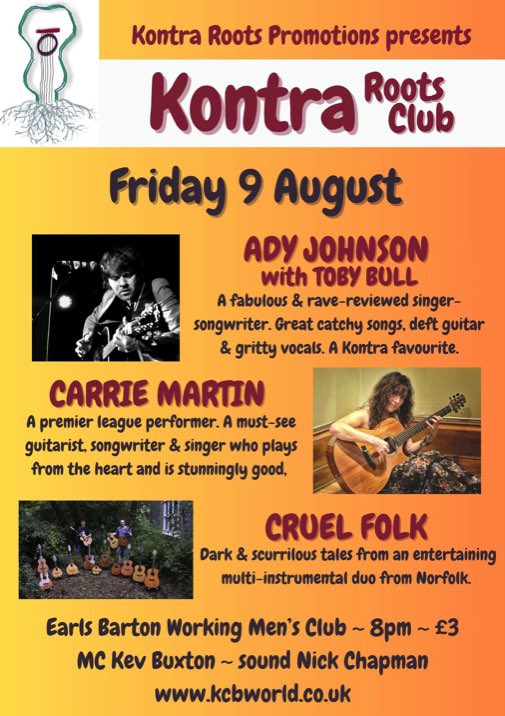 ady johnson (@adyjohnsonuk) on Twitter photo Looking forward to returning to #kontrarootsclub in Earls Barton, Northants on Friday! Always a great lineup and vibe. And for the first time at this club, I’ll be joined by multi-instrumentalist Toby Bull! 🎶
#earlsbarton #livemusic Looking forward to returning to #kontrarootsclub in Earls Barton, Northants on Friday! Always a great lineup and vibe. And for the first time at this club, I’ll be joined by multi-instrumentalist Toby Bull! 🎶
#earlsbarton #livemusic