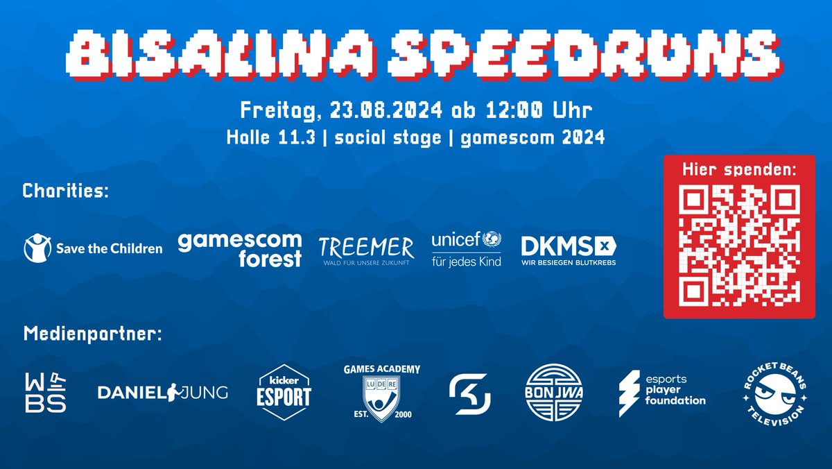 bisalina5's tweet photo. Bisalina Speedruns kommt auf die gamescom!
...Und wird das größte Speedrunning-Event jemals!

6 Stunden Programm, 80 Live Kanäle, 500 Beteiligte, ein gigantisches Influencer-Line-up, 4 Charities..

23.08.2024 um 12 Uhr
Halle 11.3 I social stage

Mehr Infos folgen... Stay tuned https://t.co/Yw2T7McFwd