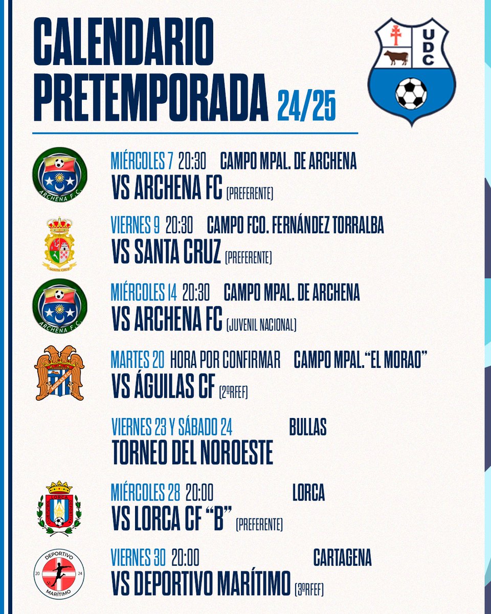 𝐏𝐑𝐄𝐓𝐄𝐌𝐏𝐎𝐑𝐀𝐃𝐀 𝟐𝟒/𝟐𝟓

🗓️ Estos son los enfrentamientos que tendremos esta pretemporada 

💪🏻➡️ Nuestro primer partido será este miércoles 7 ante el Archena FC de Preferente Autonómica 

#NosotrosConfiamos #JuntosSomosMasFuertes