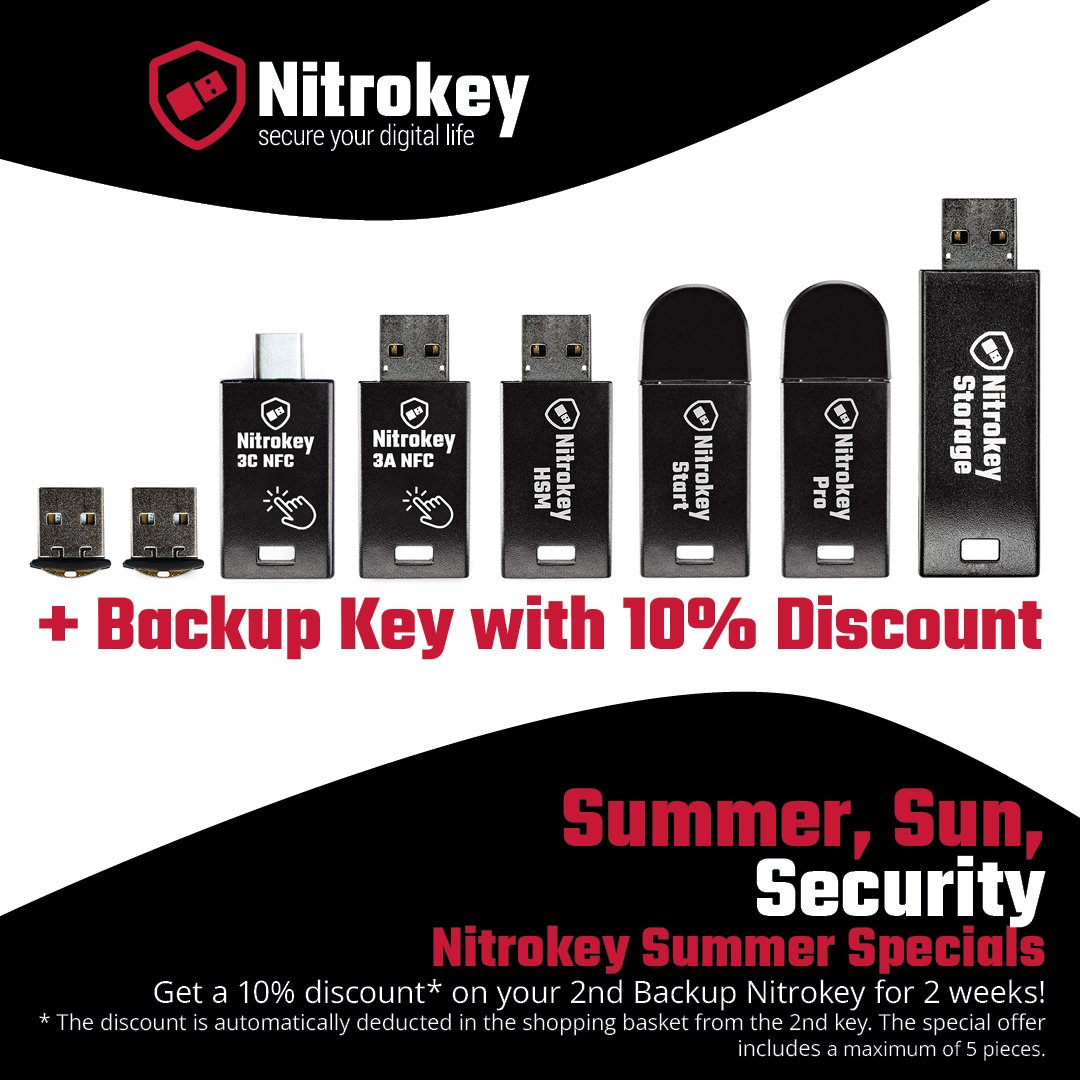nitrokey's tweet photo. 📣 Summer, Sun, Security - Save 10% on Your Backup Nitrokey with Our Summer Promotion! 🥁
Why Have a Backup Nitrokey?
💔 Protection against Loss and Damage
🤓 Continuous Access
🔒 Enhanced Security

👉 https://t.co/9p00RPuuFc

#nitrokey #SummerPromotion #secureyourdigitallife https://t.co/3uW0Hl2ZwI