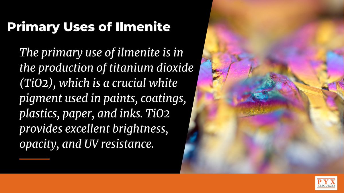ResourcesPyx's tweet image. 🎨 Ilmenite&apos;s primary use is in producing titanium dioxide (TiO₂), a key white pigment in paints, coatings, plastics, paper, and inks. TiO₂ provides brightness, opacity, and UV resistance. 🌟 #Ilmenite #TiO2 #PYX #titanium