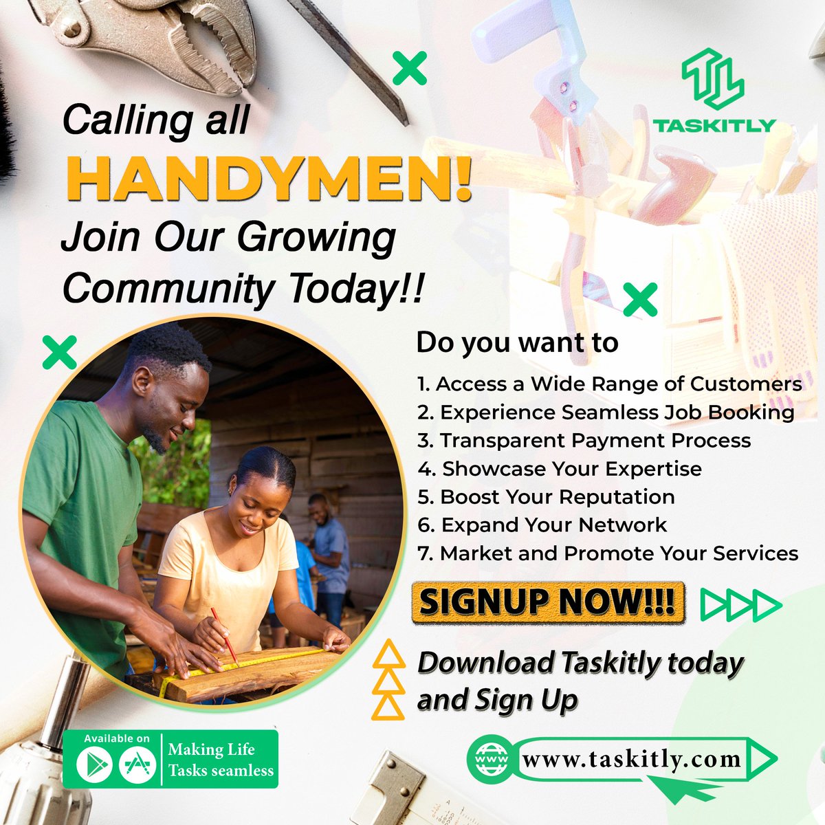 Truesella's tweet photo. Boost your business and connect with more clients by joining Taskitly today. Download our app now and start receiving job offers in your area. Your next big gig is just a tap away!

#Handyman #Taskitly #HomeImprovement #JobOffers https://t.co/gbsJcvbvN4