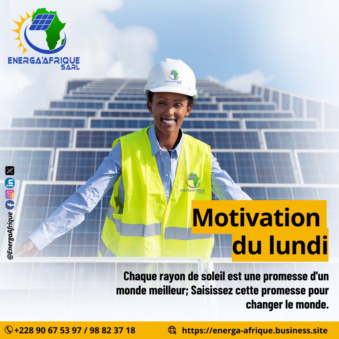 🌞 Motivation du lundi 🌞

Chaque rayon de soleil est une promesse d'un monde meilleur. Saisissez cette promesse pour changer le monde. 

Bon début de semaine ! 🌱✨

#EnergaAfrique #EnergaAfriquesarl 
#EnergieSolaire #MotivationLundi #AvenirDurable