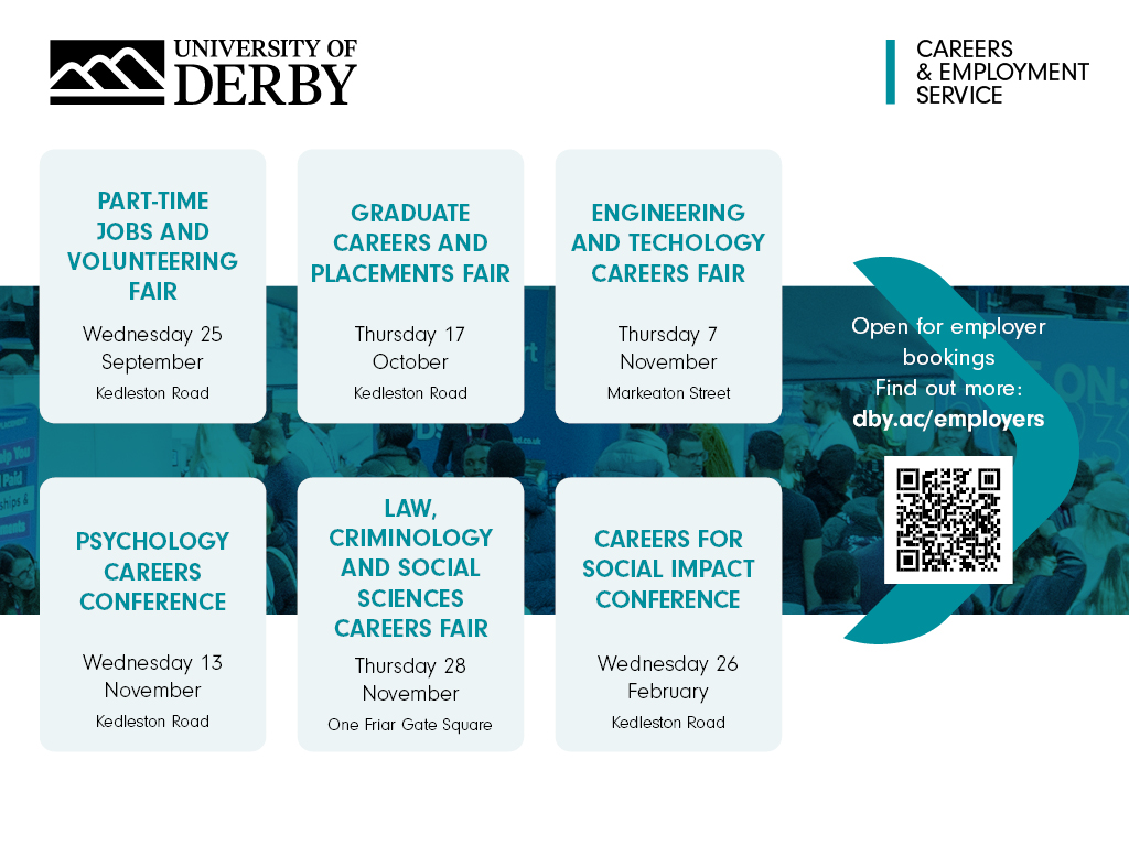 Have you seen our 2024/25 events calendar? 📍

Employability events allow our students to meet employers, build networks, learn about work experience and placement opportunities, and explore graduate careers. 💼

If you have any questions please email derbytalentteam@derby.ac.uk