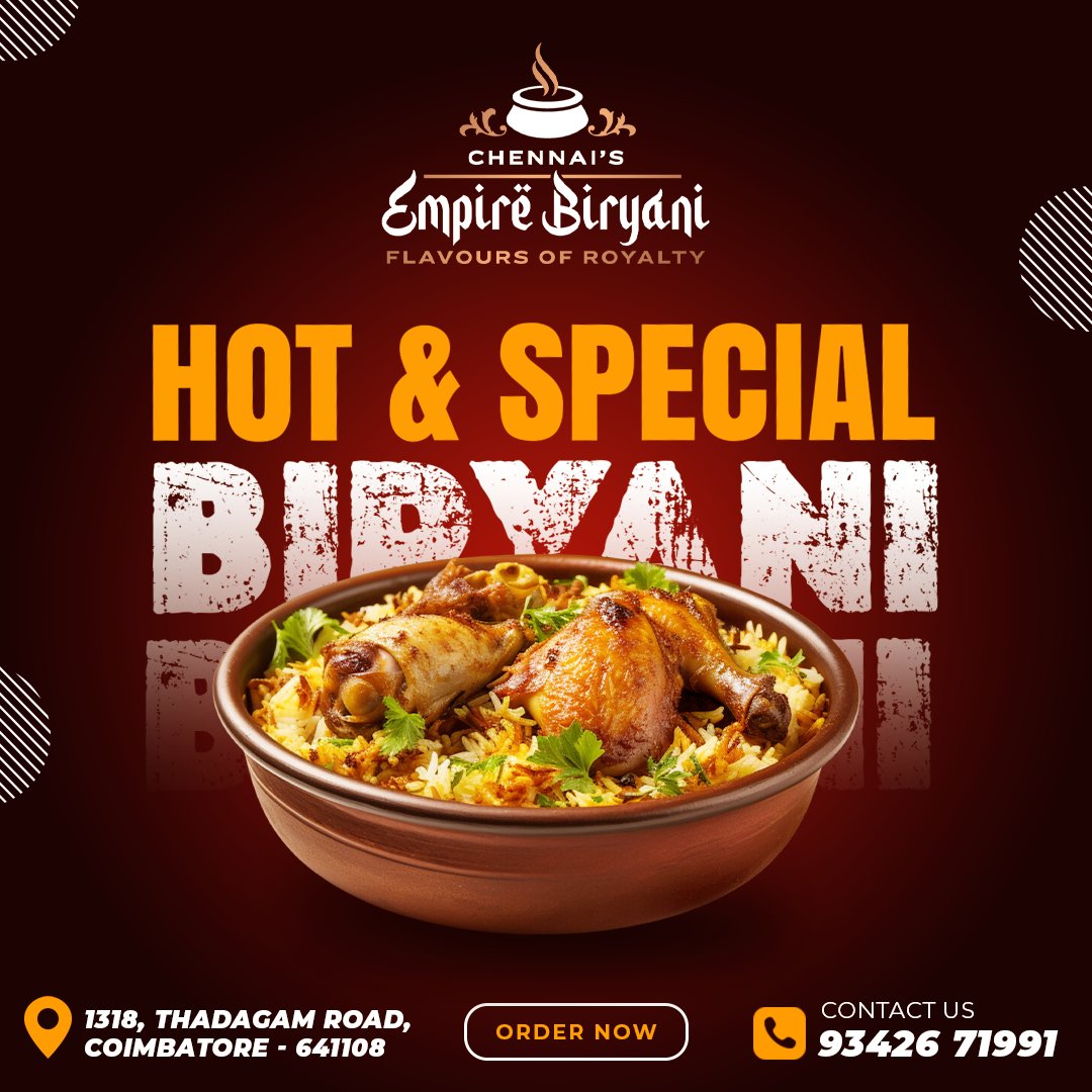 🍛 Hot &amp; Special Biryani for you 🍛

Get ready for a spicy feast...

📍 Location: 1318, Thadagam Road,
Coimbatore, Coimbatore North, 641108.

#EmpireBiryani #GrandOpening #CoimbatoreEats #BiryaniLovers #ChennaiFlavors #FoodieAdventure #EmpireBiryaniCoimbatore #authenticbiryani