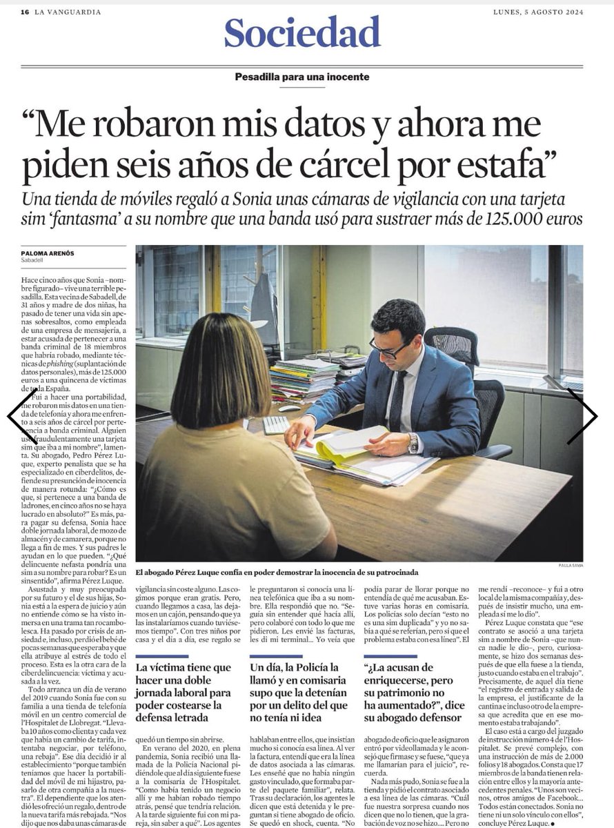 Paloma Arenós (@palomarenos) on Twitter photo Publico en <a href="/LaVanguardia/">La Vanguardia</a> un tema sobre cómo tu vida puede cambiar de la noche a la mañana. Una mujer de 31 años lleva 5 años acusada de pertenecer a una banda criminal y se enfronta a 6 años de cárcel. Le robaron sus datos de una SIM y robaron hasta 125.000 €. #phising Publico en <a href="/LaVanguardia/">La Vanguardia</a> un tema sobre cómo tu vida puede cambiar de la noche a la mañana. Una mujer de 31 años lleva 5 años acusada de pertenecer a una banda criminal y se enfronta a 6 años de cárcel. Le robaron sus datos de una SIM y robaron hasta 125.000 €. #phising