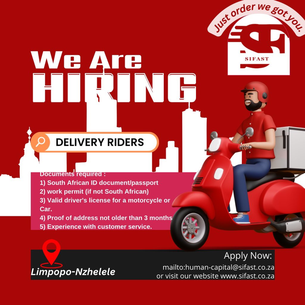 SifastDelivery's tweet photo. Join the Sifast Team and Deliver Smiles!
Bring your skills and enthusiasm to our team and help us deliver convenience and joy to our customers.
Apply today and be part of the Sifast family!
Submit your application now!
#SifastJobs #JoinOurTeam #DeliveringSmiles https://t.co/1bbG528cHg