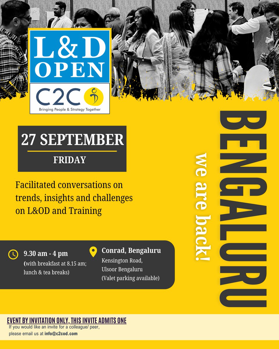 C2C-OD Bringing People & Strategy Together (@c2cod) on Twitter photo It's happening again! After a resounding success, L&D Open returns to Namma Bengaluru on September 27th, bigger and better. Choose the topics, and we facilitate. Intrigued? Email info@c2cod.com for invites or nominate colleagues. Drop a “yes” below, and we'll reach out. It's happening again! After a resounding success, L&D Open returns to Namma Bengaluru on September 27th, bigger and better. Choose the topics, and we facilitate. Intrigued? Email info@c2cod.com for invites or nominate colleagues. Drop a “yes” below, and we'll reach out.