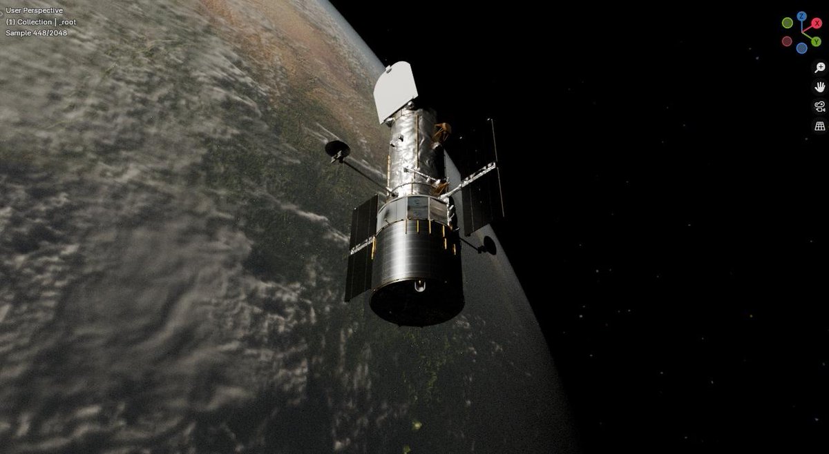 nackjaylor's tweet photo. An hour in Blender and I've got a semi-convincing Hubble. Now to link it in with an orbit propagator! https://t.co/0tZqmSwvQM