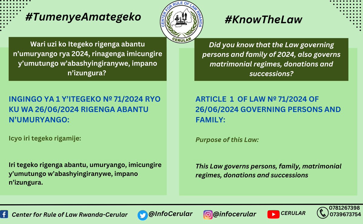 🇷🇼 Wari uzi ko Itegeko rigenga abantu n’umuryango rya 2024, rinagenga imicungire y’umutungo w’abashyingiranywe, impano n’izungura?
_______________
🏴󠁧󠁢󠁥󠁮󠁧󠁿 Did you know that the Law governing persons and family of 2024, also governs matrimonial regimes, donations and successions?