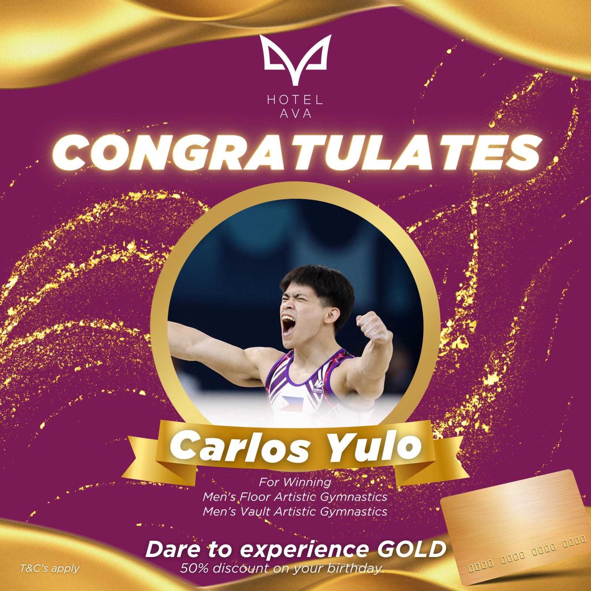 Golden Somersaults! 🥇

Congratulations, Carlos Yulo for winning 2 Gold Medals in the 2024 Summer Paris Olympics!  You made us proud! 👏🏼

Experience golden surprises with our Hotel Ava Gold Card! Message us to learn more about the perks. 💛

#HotelAva
#Paris2024
