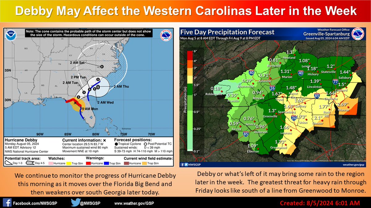 NWSGSP's tweet image. We continue to monitor the progress of Debby, still well to our south this morning.  It might be a few days before the storm really affects the western Carolinas, mainly with heavy rain potential.  In the mean time, another near normal day for us.  #ncwx #scwx #gawx