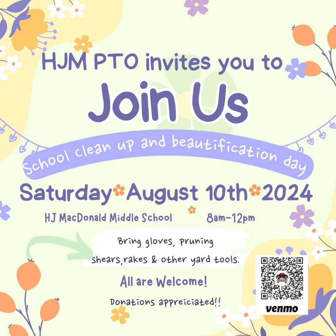 Join the HJM PTO next Saturday from 8am-12pm for our annual school beautification day! All are welcome! If you can’t attend, please consider donating so we may purchase mulch and landscaping supplies. Let’s show that Warcub pride!! 🐻❤️🌸