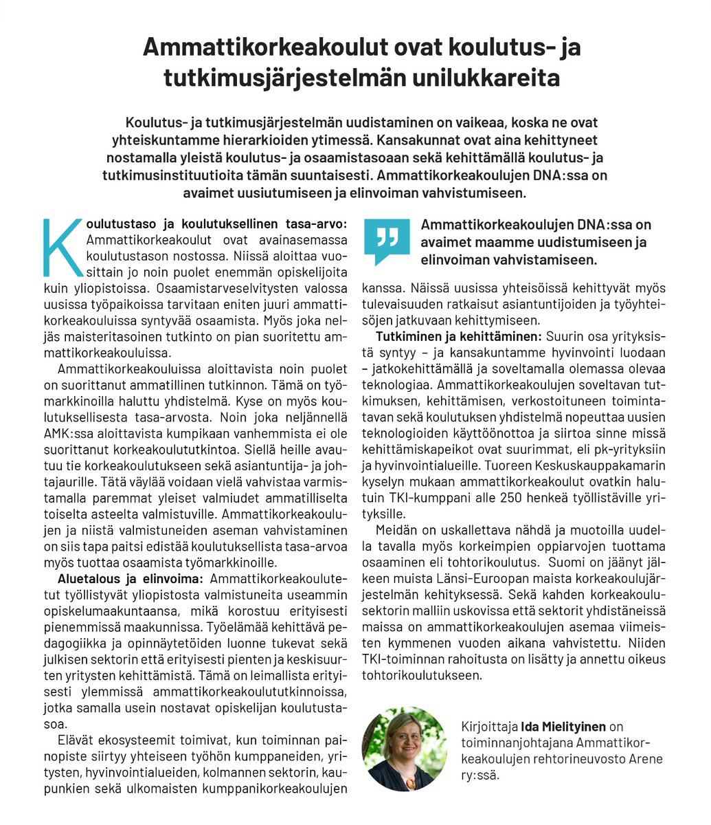 Pelätäänkö #Ammattikorkeakoulutus kehittämistä? Ovatko ne uhka liian monelle? Yhteisöt ja yhteiskunnat eivät kehity, jos rakenteet eivät aidosti murru ja rakennu uudestaan.  #AMK't ovat uudistajia: nälkäisiä ja tuoreus mahdollistaa uudistamisen. Lue! #Rohkeus #AMKAsiaa <a href="/Arene_ry/">Arene</a>