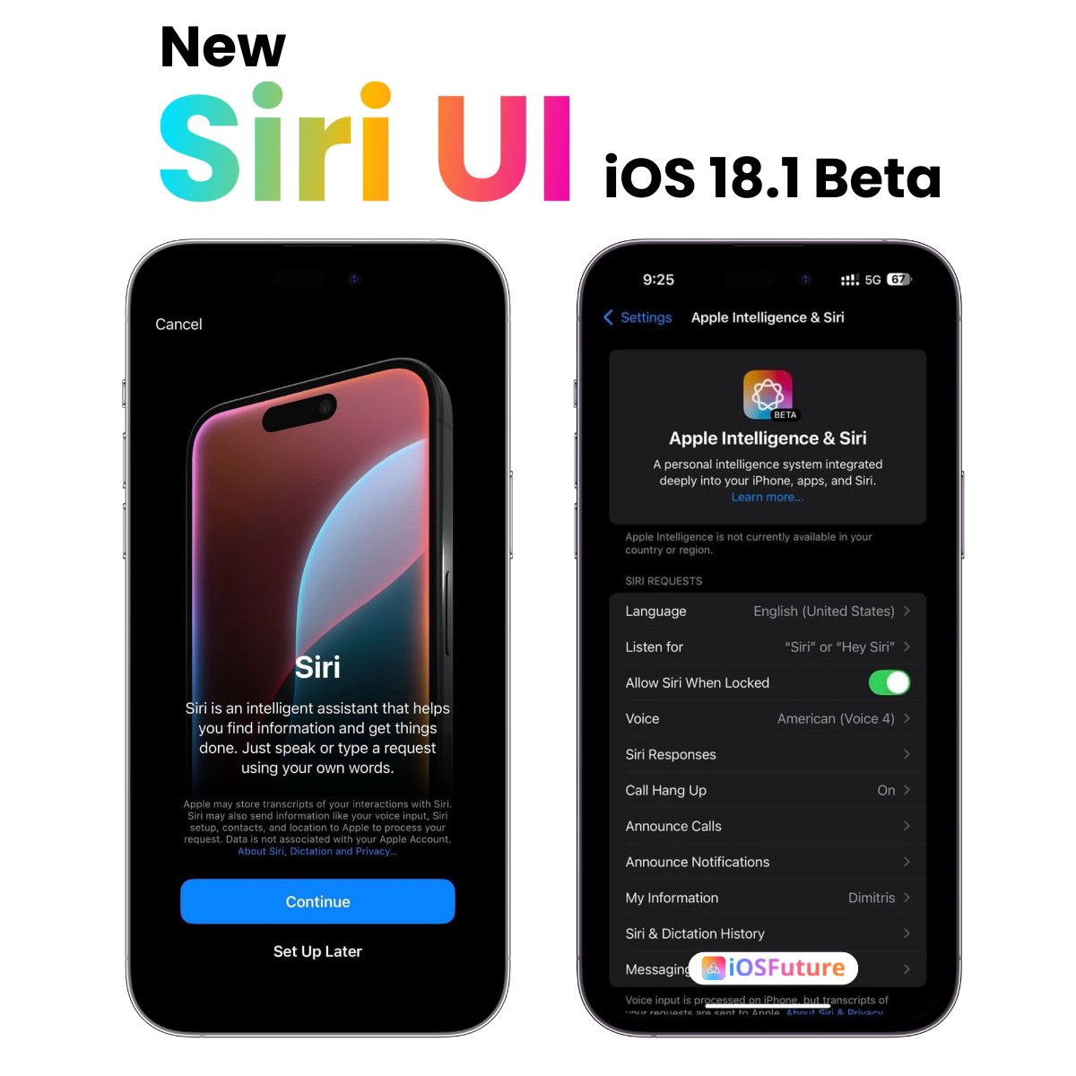 iOSFutureUS's tweet image. New Siri UI in iOS 18.1 Beta!
Install iOS 18 #AI Customizations: shorturl.at/r09pC
Sleek light effect around the screen edges
Type commands by double-tapping the bottom of the screen
Try it out now!
#Follow for Latest Updates⚙️
#iOS18 #iOS181Beta1 #USA #Germany #Apple
