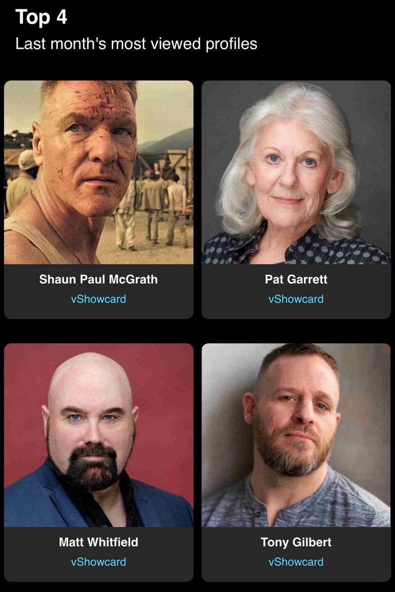 Congratulations to the top 4 most viewed profiles of last month!

1st: <a href="/ShaunPmcgrath/">Shaun Paul McGrath</a> 
vshowcards.com/profile/matine…

2nd: <a href="/WhitfieldActor/">Matt Whitfield Actor</a> 
vshowcards.com/profile/Matt

3rd: <a href="/TGilbertActor/">Tony Gilbert</a> 
vshowcards.com/profile/Tony-G…

4th: <a href="/patgarrett777/">Pat Garrett</a> vshowcards.com/profile/Pat-Ga…

They will be proudly featured