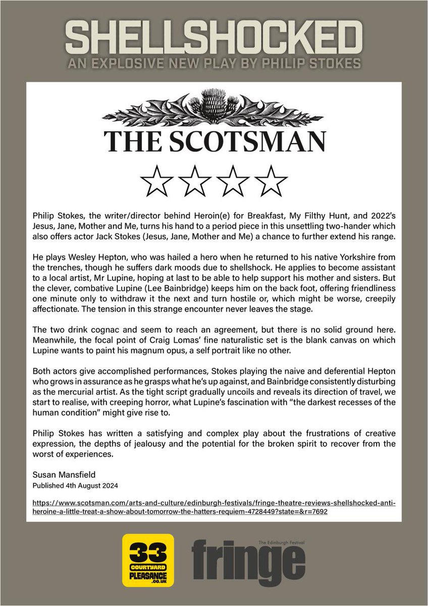 Philip Stokes (@philipstoke5) on Twitter photo Fantastic review from <a href="/TheScotsman/">The Scotsman</a> <a href="/scotsman_arts/">Scotsman Arts</a> for #shellshocked playing daily 10.50am <a href="/ThePleasance/">Pleasance</a> <a href="/edfringe/">Edinburgh Festival Fringe</a> in Pleasance Courtyard! Fantastic review from <a href="/TheScotsman/">The Scotsman</a> <a href="/scotsman_arts/">Scotsman Arts</a> for #shellshocked playing daily 10.50am <a href="/ThePleasance/">Pleasance</a> <a href="/edfringe/">Edinburgh Festival Fringe</a> in Pleasance Courtyard!