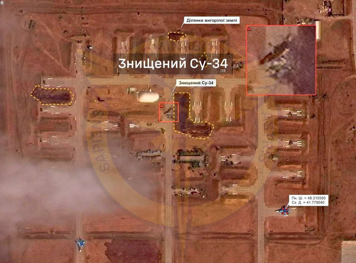 kardinal691's tweet photo. #Ukrainian Defence Intelligence shared details about the #Ukrainian attack on #Morozovsk airfield, #Rostov region of #Russia, on August 3rd, 2024:

🔹️A #Su_34 fighter has been destroyed;
🔹️Two more aircraft of the same type were likely damaged by debris; https://t.co/FpR606scAC