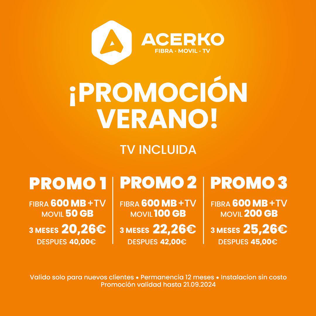 AcerkoT's tweet photo. ¡Promoción de verano! ☀️ 

Amigos, compartimos nuestras tarifas personales actuales 🔝 

Fibra 600 MB ➕ TV ➕👇🏻

✅ 50GB - 20,26€ / mes 
✅ 100GB - 22,26€ / mes
✅ 200GB - 25,26€ / mes 

+34 972 36 36 52 ☎️ 

📲 +34 644 51 87 51 (WhatsApp)

#acerkotelecom #internetlloret https://t.co/Q095VuncdD