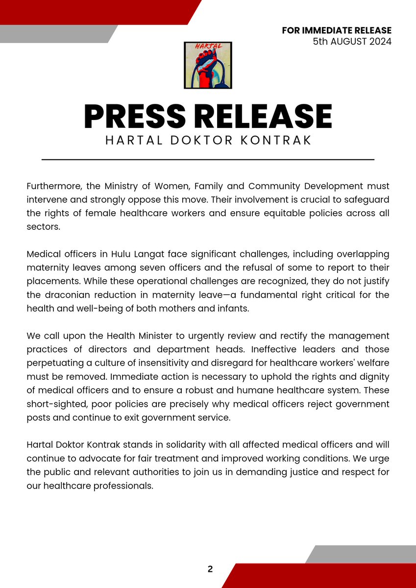 HKontrak's tweet image. HARTAL DOKTOR KONTRAK CONDEMNS REDUCTION OF
MATERNITY LEAVE FOR MEDICAL OFFICERS.
