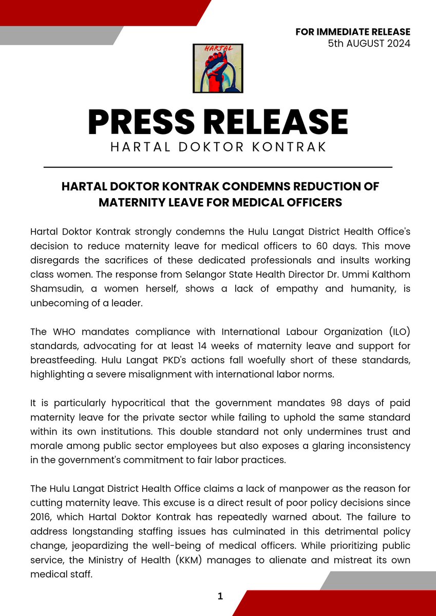 HKontrak's tweet image. HARTAL DOKTOR KONTRAK CONDEMNS REDUCTION OF
MATERNITY LEAVE FOR MEDICAL OFFICERS.