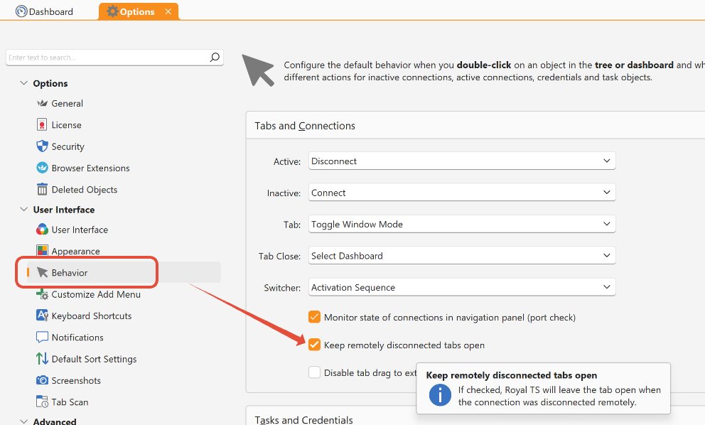 royalapps's tweet photo. It’s #QuickTipMonday! This tip is for all of our Royal TS (Windows) and Royal TSX (macOS) users:
Did you know that you are able to keep disconnected tabs open?

This setting can be found in the Royal TS/X > Options within the Behavior section as shown here: https://t.co/vL98Cez8OT