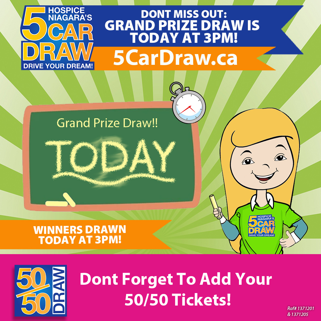 HospiceNiagara's tweet image. Today's the day! 

The 5 Car Draw and 50/50 Jackpot Draw are happening at 3 PM. 

You have until 3 PM to buy your tickets!

Visit 5CarDraw.ca 

Good luck to everyone!

#DrawDay #WinBig #5CarDraw #Cars #WinACar #5050 #community
