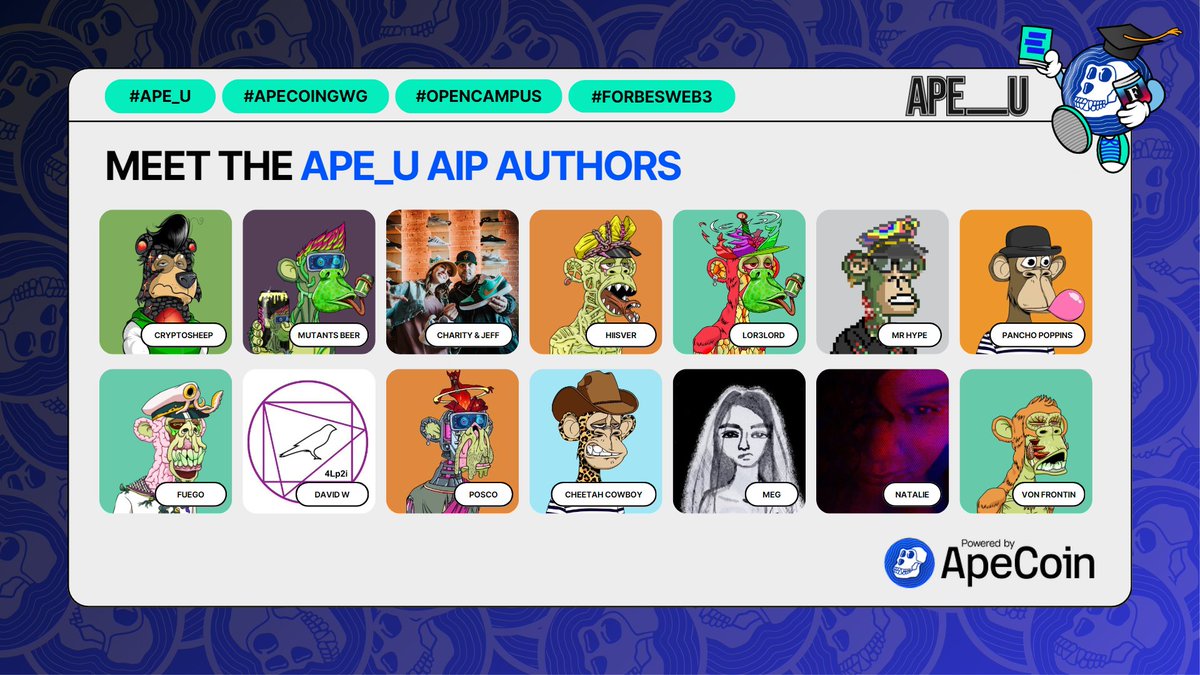 Welcome to our first cohort of #APE_U AIP Authors!

Designed to boost the quality of #ApeCoinDAO grant proposals, peer review skills + professional #Web3 networks, these authors will undergo hands-on practice, expert panels &amp; group discussions with our expert AIP Coaches 📚🦍🦍