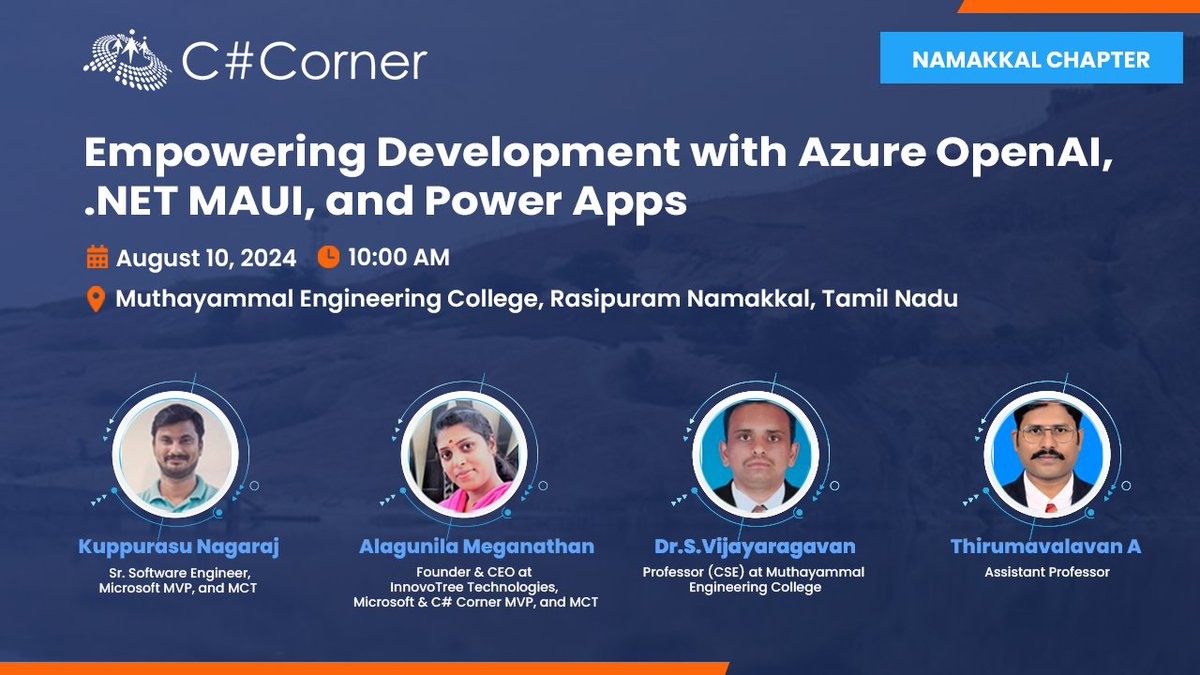 Mark your calendars for August 10! Join <a href="/CsharpCorner/">C# Corner</a> Namakkal Chapter Meet to dive into Azure OpenAI, .NET MAUI, and Power Apps.

Register now: tinyurl.com/4yhzh2ra

#CSharpCorner #Azure #DotNetMAUI #PowerApps #DOTNET #AzureOpenAI #OpenAI #AI