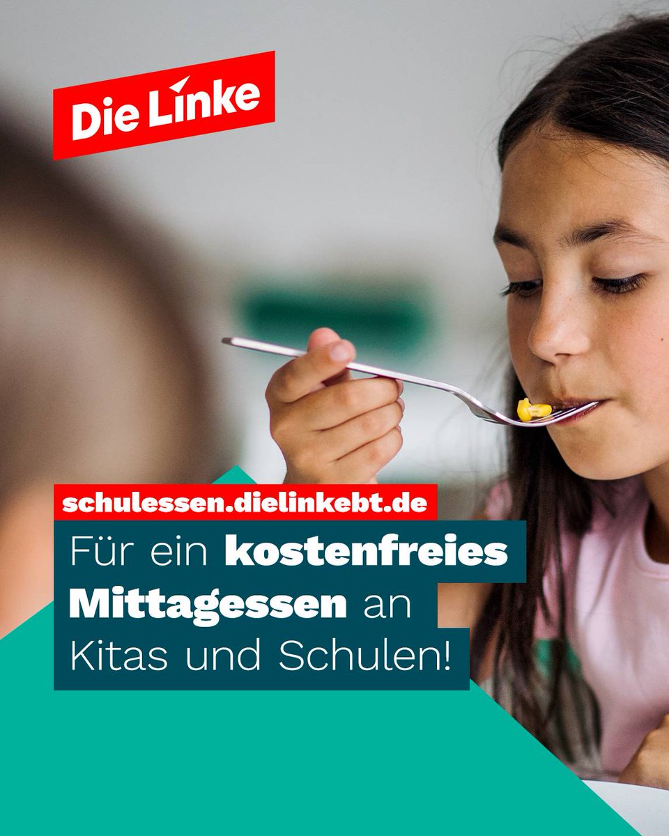 Schulkinder sollten sich keine Gedanken machen müssen, ob sie eine warme Mahlzeit am Tag bekommen. Und mit leerem Magen lernt es sich sowieso schlecht. Daher wollen wir ein kostenloses gesundes Mittagessen für alle Kinder – von der Kita bis zum Abitur! 👉 schulessen.dielinkebt.de