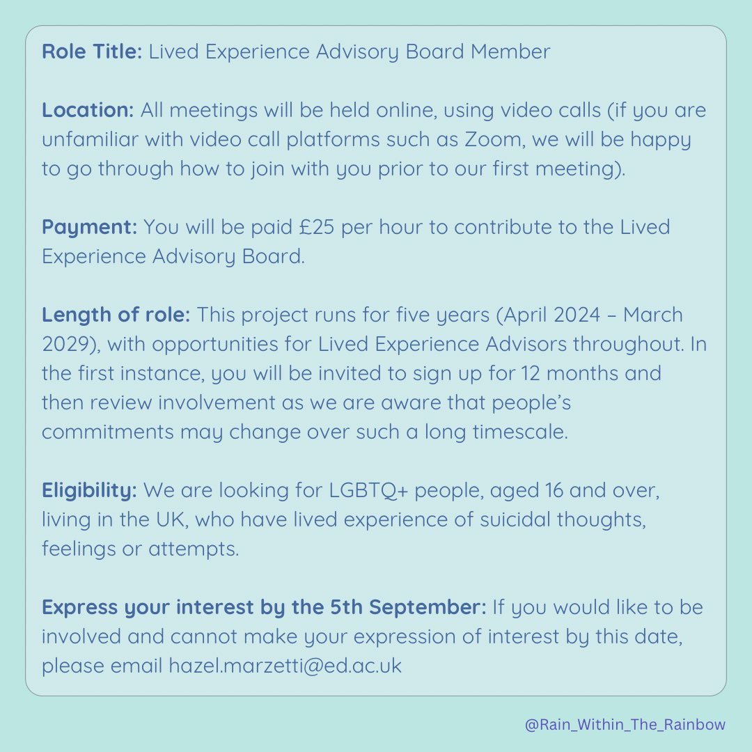 HazelMarzetti's tweet photo. Join the Rain within the Rainbow’s Lived Experience Advisory Board 

https://t.co/nY9NIMkDRX

The Rain within the Rainbow is a 5 year research project aiming to improve understandings of UK LGBTQ+ suicide and suicide prevention across the life course.

#LGBT #SuicidePrevention https://t.co/t9NAKuzLx1