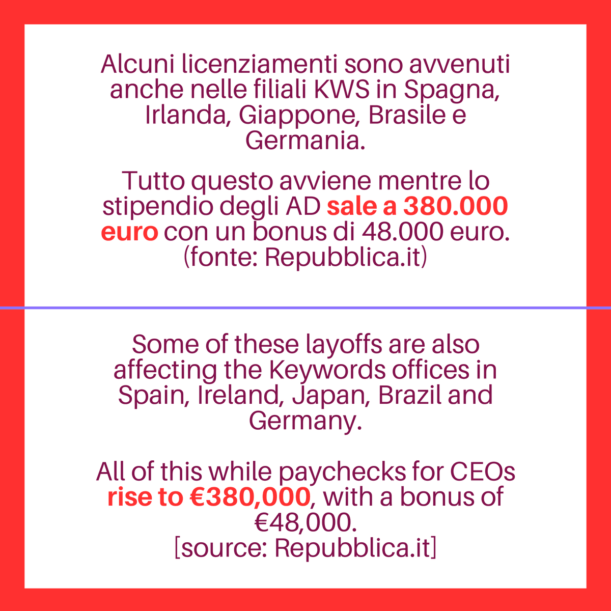 In solidarity with the strike of professionals and colleagues laid off by Keywords Italy, today and tomorrow several freelance translators will also refuse to work with the company.