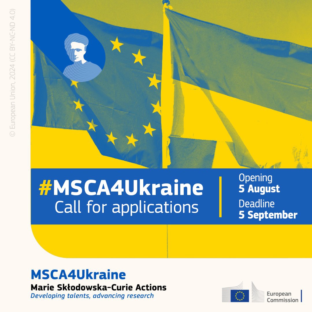 Marie Skłodowska-Curie Actions (@mscactions) on Twitter photo Our #MSCA4Ukraine call is open🇺🇦🇪🇺! With €10M extra from #MSCA & <a href="/HorizonEU/">Horizon Europe 🇪🇺</a>, we will fund ~50 researchers this year.
Are you a displaced researcher from Ukraine?
You can apply until 5/9!
We will also host Q&A sessions on 8/8 & 28/8.
europa.eu/!vjf8DY
#StandWithUkraine Our #MSCA4Ukraine call is open🇺🇦🇪🇺! With €10M extra from #MSCA & <a href="/HorizonEU/">Horizon Europe 🇪🇺</a>, we will fund ~50 researchers this year.
Are you a displaced researcher from Ukraine?
You can apply until 5/9!
We will also host Q&A sessions on 8/8 & 28/8.
europa.eu/!vjf8DY
#StandWithUkraine