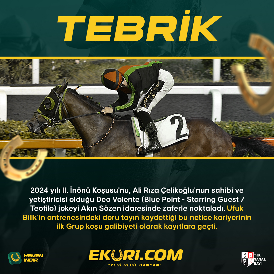 ekuriresmi's tweet photo. 4 Ağustos Pazar günü koşulan (G3/E) II. İnönü Koşusu'nda zaferi Deo Volente kazandı.

Günün yarışları için hemen oyna: https://t.co/MqkZE7qDNZ https://t.co/ElOKGPBphq