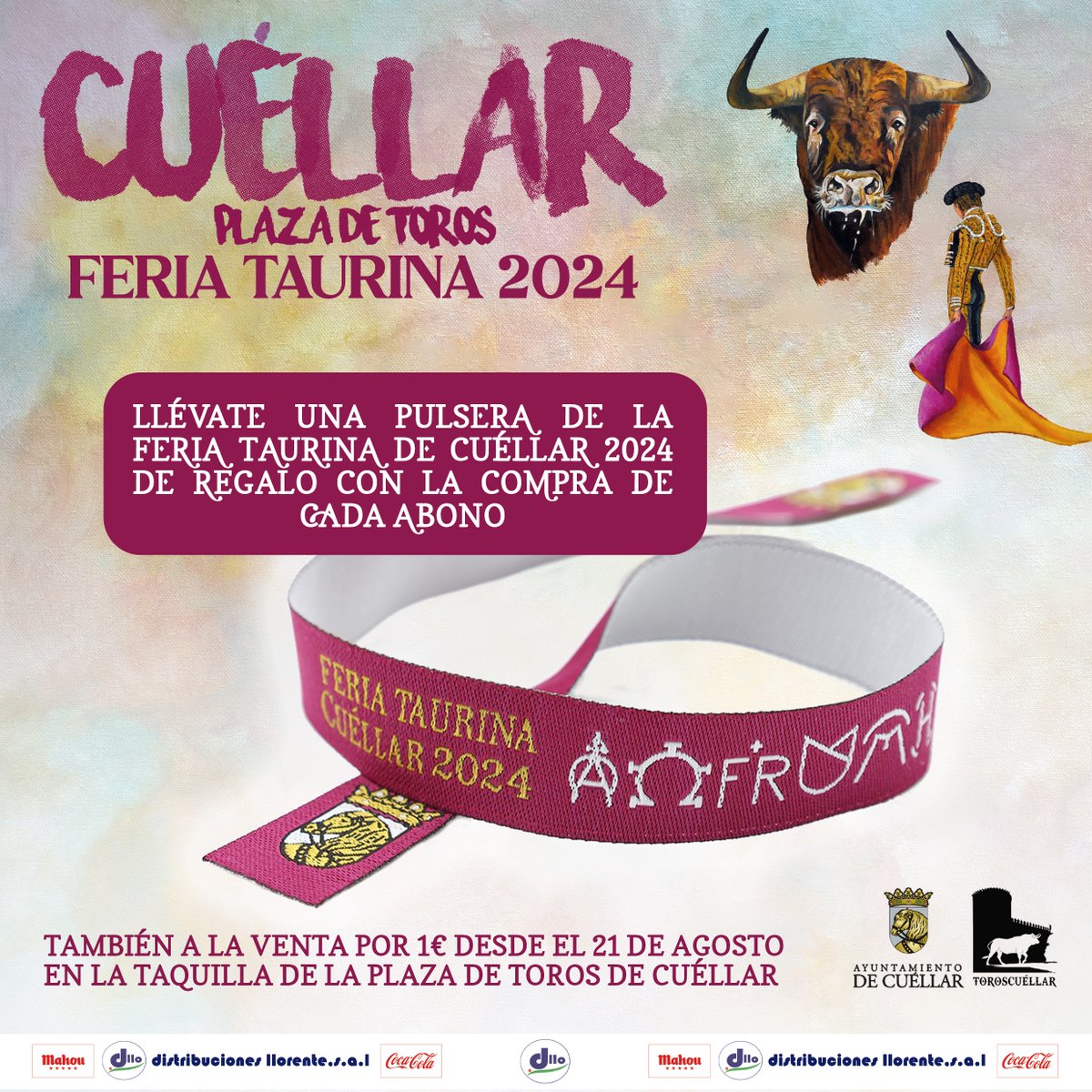 FERIA TAURINA CUÉLLAR 2024🐴🐂
¡Consigue tu pulsera de Cuéllar 2024 de regalo con la
compra de un abono! 

Las pulseras estarán a la venta también en la taquilla de la plaza de toros por 1€ a partir del miércoles 21 de agosto. 

Diseño pulseras @alea_comunicacion