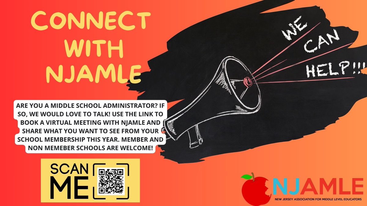NJAMLE wants to make sure we are serving our members. If you are a building or district administrator and would like to learn more about NJAMLE, or you are a member but want to get more out of your membership, we want to talk to you! Let’s connect! calendly.com/khaley-njamle/