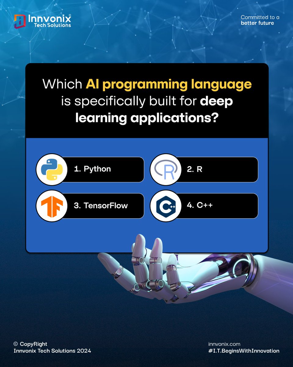 innvonix's tweet image. ~Poll Time!~
Which AI programming language is specifically built for deep learning applications?
Comment below and let us know your pick!
#AIprogramming #programminglanguage #deeplearning #deepanalytics #ailanguage #aisolutions #aiservices #innvonix #innvonixtech #poll