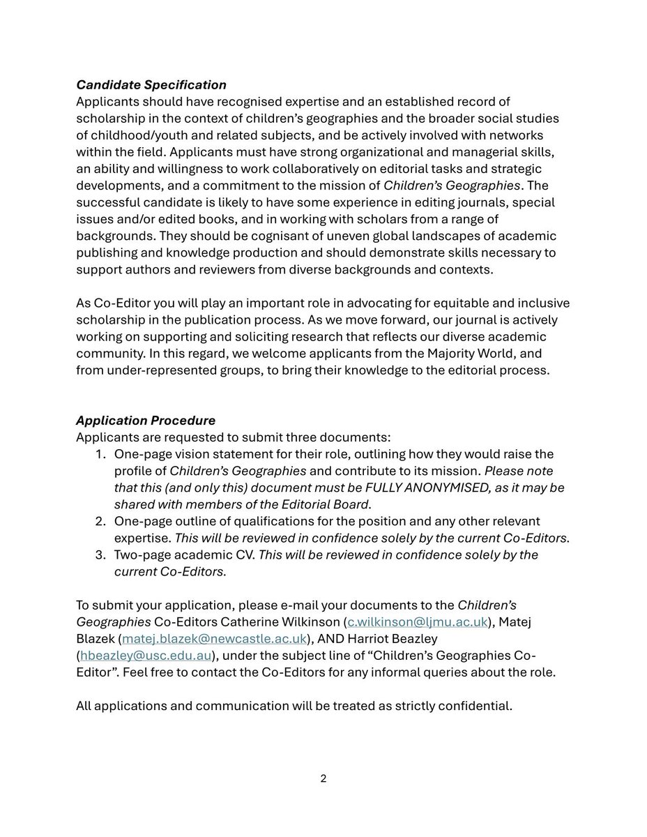 Call for the role of co-editor of the journal Children's Geographies (<a href="/ChildrensGeogs/">Children's Geographies</a>).

Applications due by 16 September.

The journal's current co-editors are our members Catherine Wilkinson (<a href="/DrCatWilkinson/">Dr Catherine Wilkinson</a>) and Harriot Beazley.