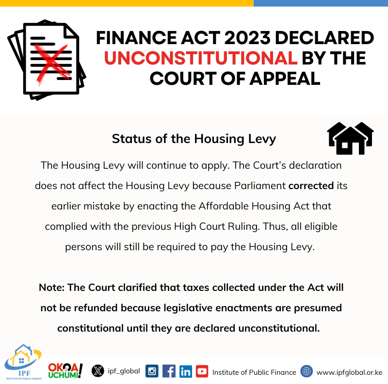 On 31 July 2024, the Court of Appeal, in the case of National Assembly &amp; Another v Okiya Omtatah &amp; 56 Others, declared the entire Finance Act, 2023 unconstitutional. 

What the judgment means 👇🏾.

#IPFExplainer #PublicFinanceManagement