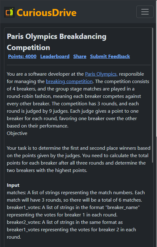 curious_drive's tweet photo. Determine the top two breakers in a Paris Olympics competition by calculating their points from judges' votes in round-robin group stage matches.

https://t.co/3VkokbQRim

#BREAKING #Dancing #OlympicGames #coding #challenge https://t.co/IEO4rjv8W1
