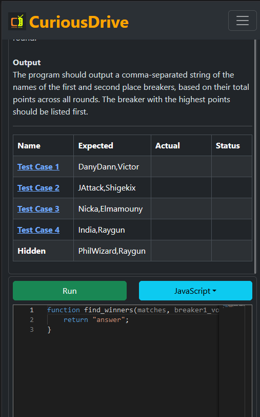 Determine the top two breakers in a Paris Olympics competition by calculating their points from judges' votes in round-robin group stage matches.

curiousdrive.com/codingchalleng…

#BREAKING #Dancing #OlympicGames #coding #challenge