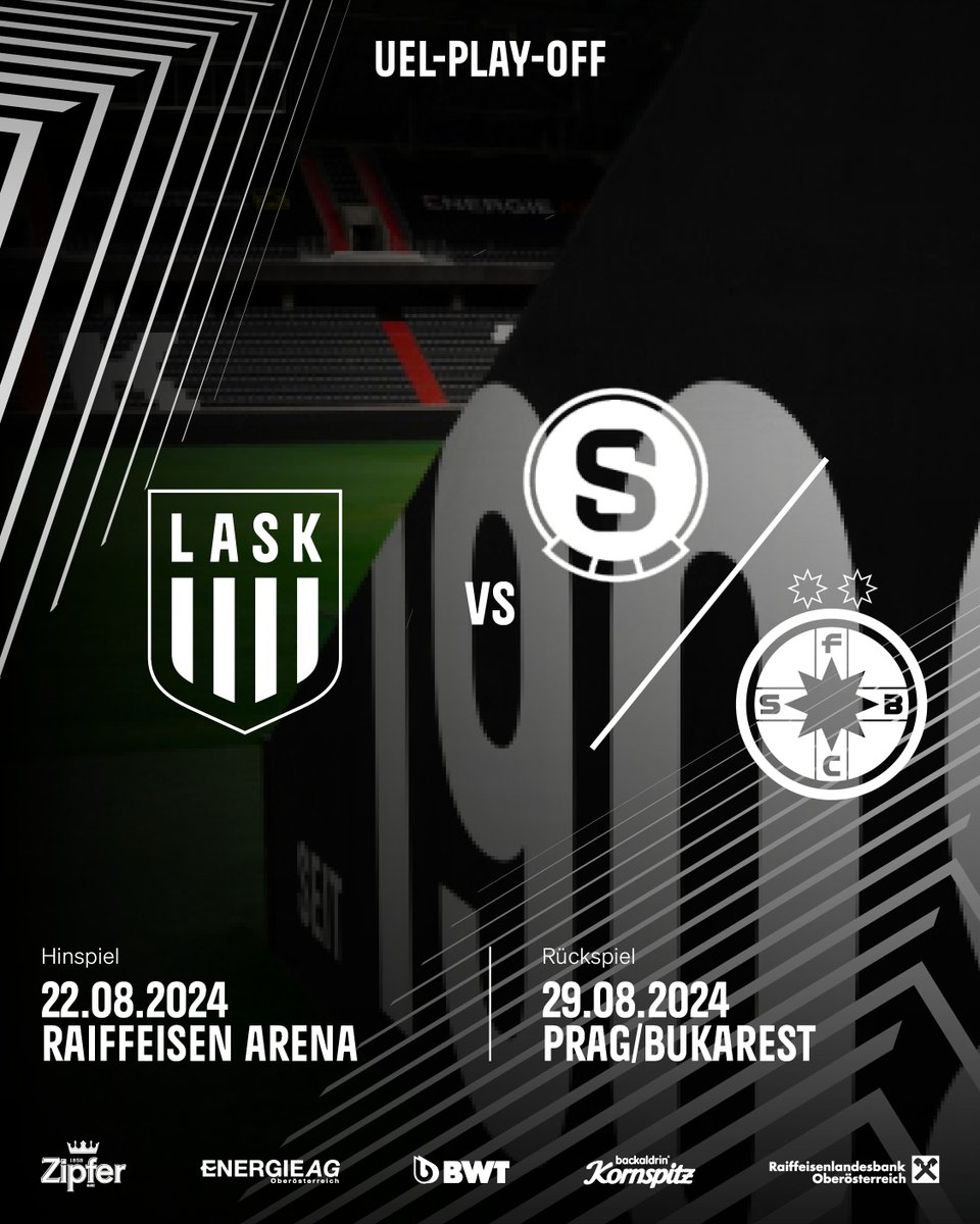 LASK_Official's tweet photo. Der LASK trifft im UEL-Play-Off auf den Verlierer aus dem Spiel @ACSparta_CZ vs. @fcsbofficial_ro . ⚽️
Das Hinspiel findet in der Raiffeisen Arena statt und eine Woche später kommts dann zum Rückspiel in Prag oder Bukarest 🏟️

📰 https://t.co/lexGRJ9Mk3 #ASKinternational https://t.co/yUWBnczRqx