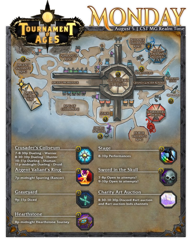 ToA_Warcraft's tweet photo. Here is the schedule for today! #TournamentOfAges2024 #toa2024 #worldofwarcraft #moonguard #wyrmrestaccord #roleplayevent https://t.co/UbULhWIlan