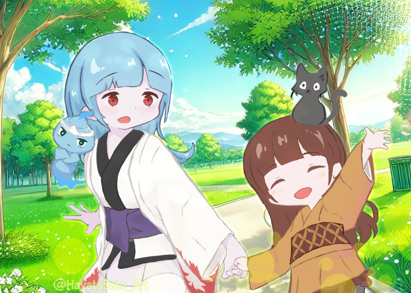 『瀬織ちゃんとお出かけ』
夏のコンペに今回も参加させていただきます。
キラキラとした雰囲気を目指してみました！
右のキャラは僕のオリジナルのキャラになっております！！🌂
#NINJARTコンテスト #ninjart