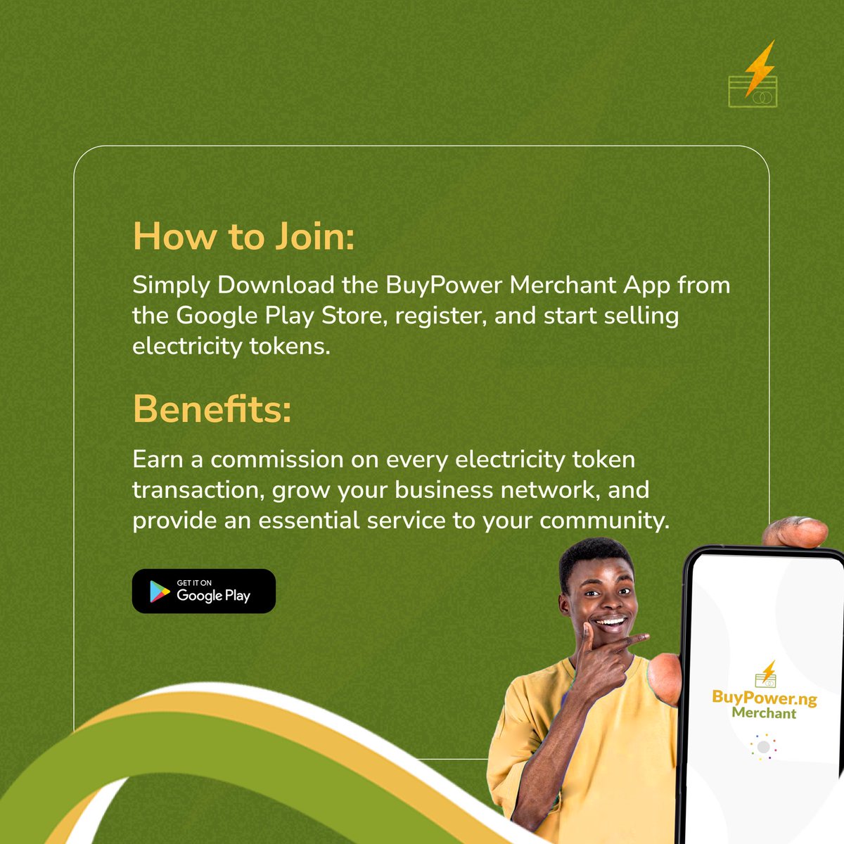 buypowerng's tweet photo. Monday Money!  Turn your entrepreneurial spirit into profit this August with the BuyPower Merchant App! 

Join our merchant program and start selling electricity tokens to your community.

#buypower #merchantprogram #businessopportunity #augustpromo #earnmore https://t.co/gi6rDqdAIV